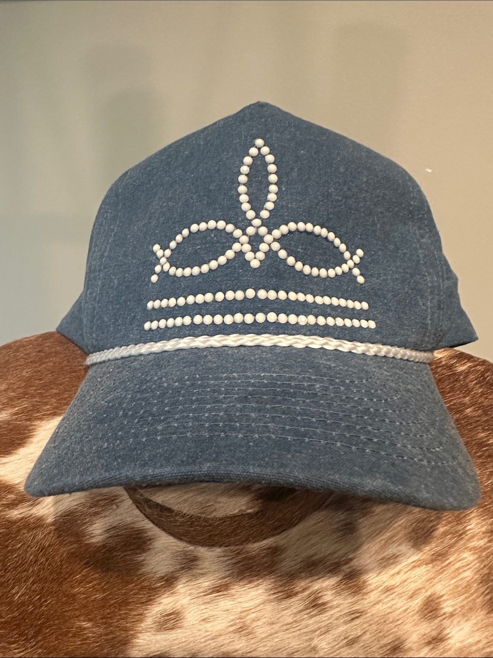 Denim Blue Women's boot stitch boutique style Cap with White Bead Accent